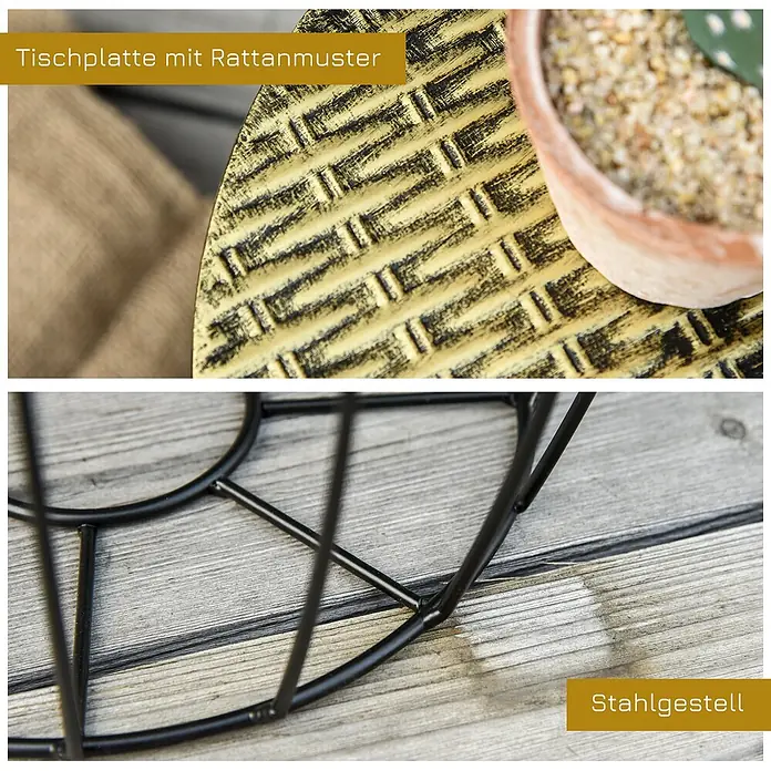 Outsunny Garten-Beistelltisch - L x B x H: 38 x 38 x 41 cm, Schwarz - Goldfarbene Tischplatte mit Rattanmuster und schwarzes Stahlgestell.