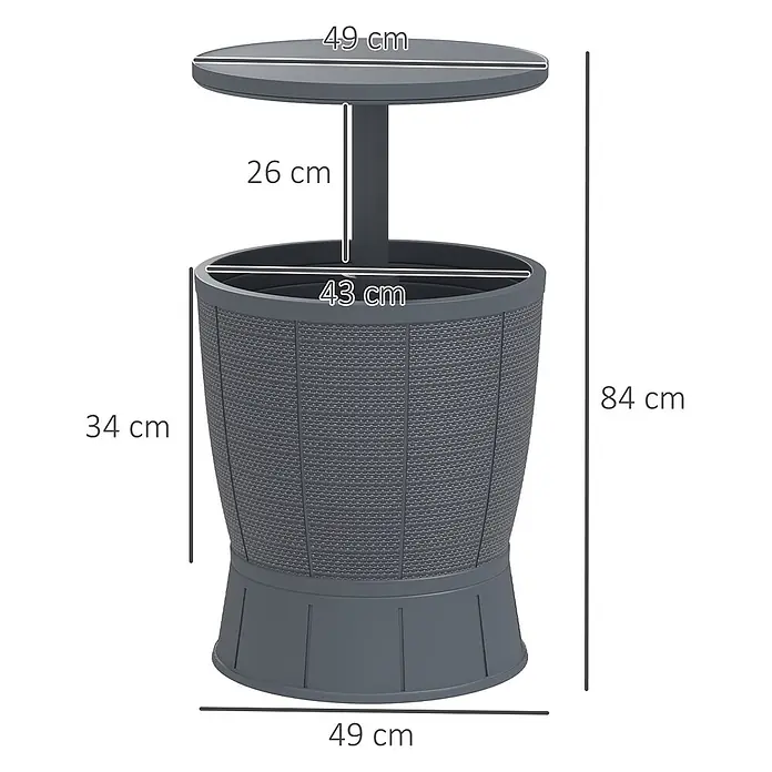 Outsunny Garten-Beistelltisch - L x B x H: 49 x 49 x 84 cm, Grau - Dunkelgrauer Gartentisch mit Rattan-Musterung und integriertem Kühlfach.