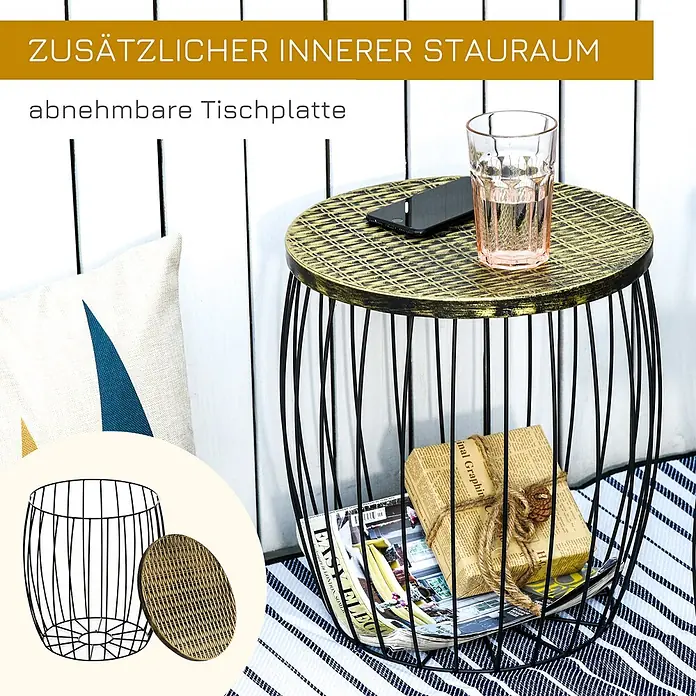 Outsunny Garten-Beistelltisch - L x B x H: 38 x 38 x 41 cm, Schwarz - Runder schwarzer Draht-Beistelltisch mit goldener, gemusterter abnehmbarer Platte, bietet inneren Stauraum.