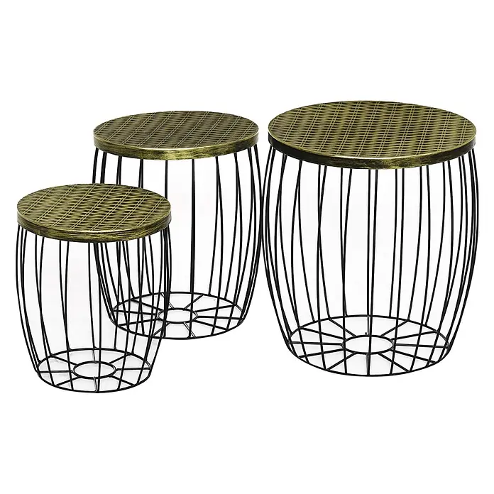 Outsunny Garten-Beistelltisch - L x B x H: 38 x 38 x 41 cm, Schwarz - Set aus drei schwarzen Draht-Beistelltischen mit runden, antikgold gemusterten Platten.