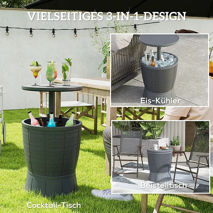 Outsunny Garten-Beistelltisch - L x B x H: 49 x 49 x 84 cm, Grau - Vielseitiger dunkelgrauer 3-in-1 Outdoor-Tisch/Kühler mit Rattanoptik, als Cocktailtisch, Eiskühler und Beistelltisch in verschiedenen Außenbereichen gezeigt.