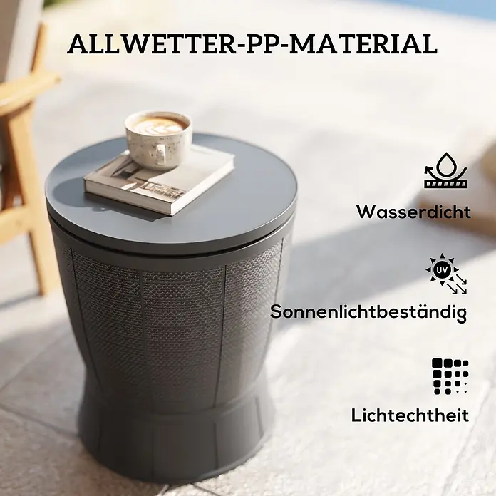 Outsunny Garten-Beistelltisch - L x B x H: 49 x 49 x 84 cm, Grau - Dunkelgrauer Allwetter-PP-Beistelltisch mit Korbgeflecht-Textur, wasserdicht und UV-beständig, auf einer Terrasse.