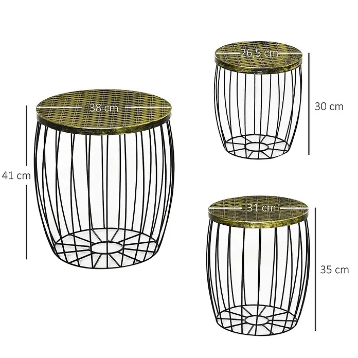Outsunny Garten-Beistelltisch - L x B x H: 38 x 38 x 41 cm, Schwarz - Drei runde Beistelltische zum Ineinanderschieben mit schwarzen Drahtgestellen und goldenen Platten, mit Maßen.