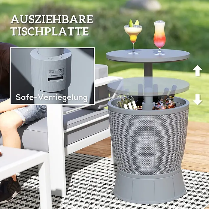 Outsunny Garten-Beistelltisch - L x B x H: 49 x 49 x 84 cm, Grau - Grauer, geflochtener Outdoor-Kühlertisch mit ausziehbarer Platte, der Getränke innen und Cocktails oben zeigt.