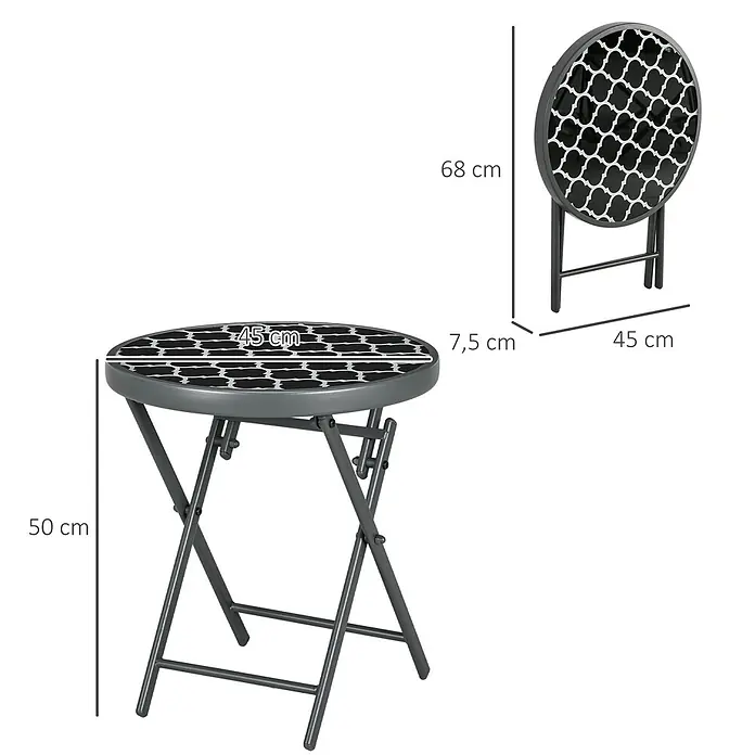 Outsunny Garten-Beistelltisch - L x B x H: 45 x 45 x 50 cm, Schwarz - Dunkelgrauer runder Klapptisch mit schwarz-weiß gemusterter Platte, ausgeklappt und zusammengeklappt.