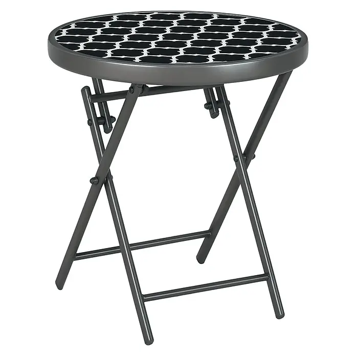 Outsunny Garten-Beistelltisch - L x B x H: 45 x 45 x 50 cm, Schwarz - Runder Klapptisch mit schwarz-weiß gemusterter Platte und dunkelgrauem Metallrahmen.