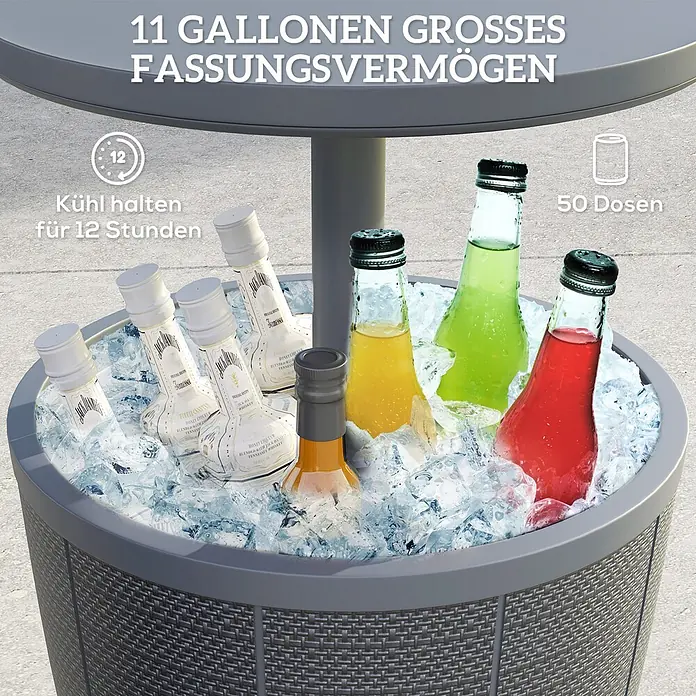 Outsunny Garten-Beistelltisch - L x B x H: 49 x 49 x 84 cm, Grau - Grauer Korb-Kühltisch mit Eis und Getränken gefüllt, zeigt 11 Gallonen Kapazität und 12 Stunden Kühlung.