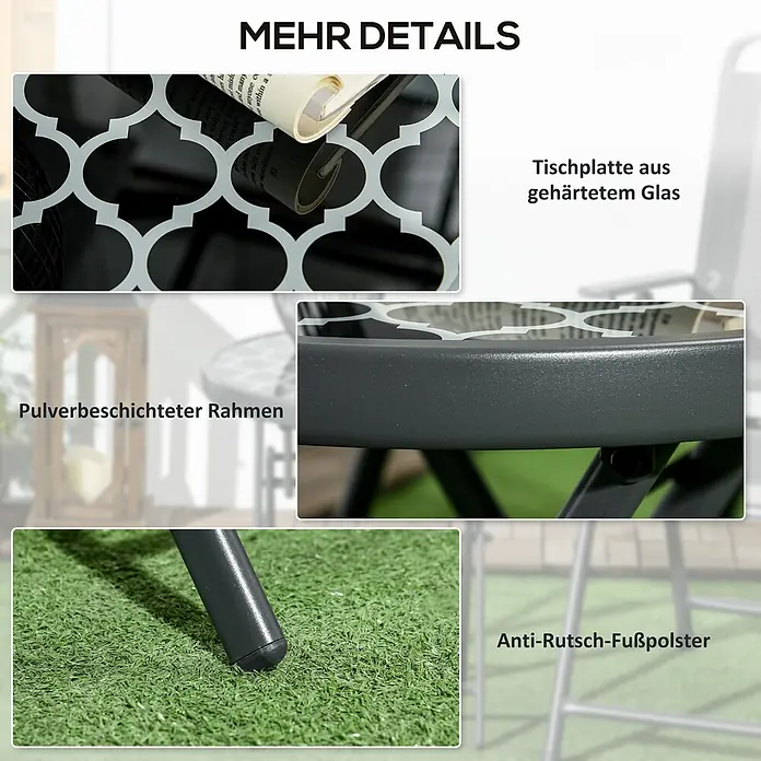 Outsunny Garten-Beistelltisch - L x B x H: 45 x 45 x 50 cm, Schwarz - Nahaufnahme einer Tischplatte aus gehärtetem Glas mit Muster, pulverbeschichtetem Rahmen und rutschfestem Fußpolster.