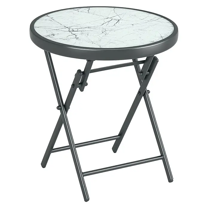 Outsunny Garten-Beistelltisch - L x B x H: 45 x 45 x 50 cm, Weiß - Runder Klappbeistelltisch mit weißer Marmoroptik-Platte und dunkelgrauem Metallgestell.