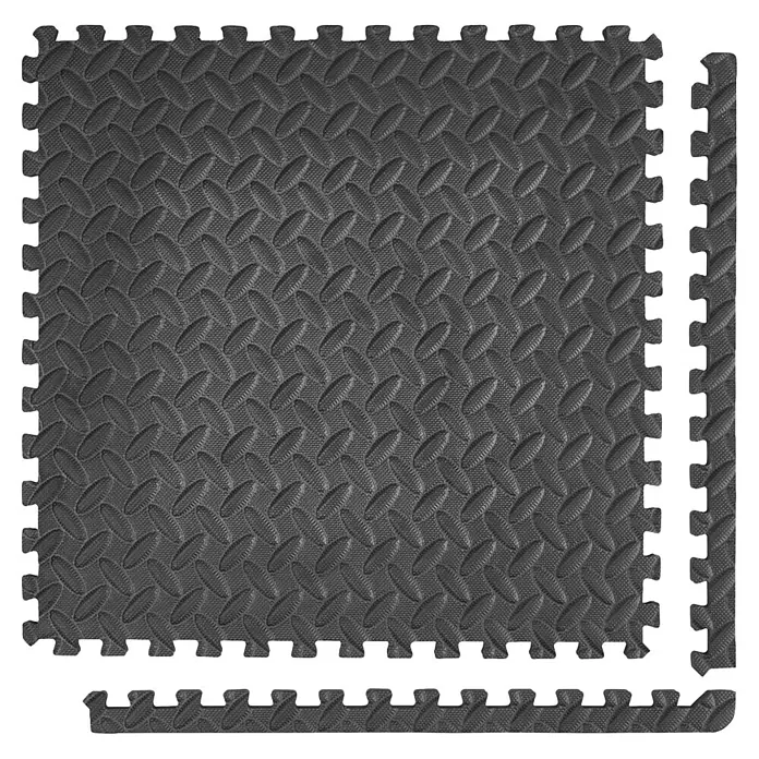 Universalmatte - 6 Stk., 40 x 40 cm, Schwarz - Schwarze, ineinandergreifende Bodenschutzmatte aus Schaumstoff mit strukturierter Oberfläche und abnehmbaren Randstücken.