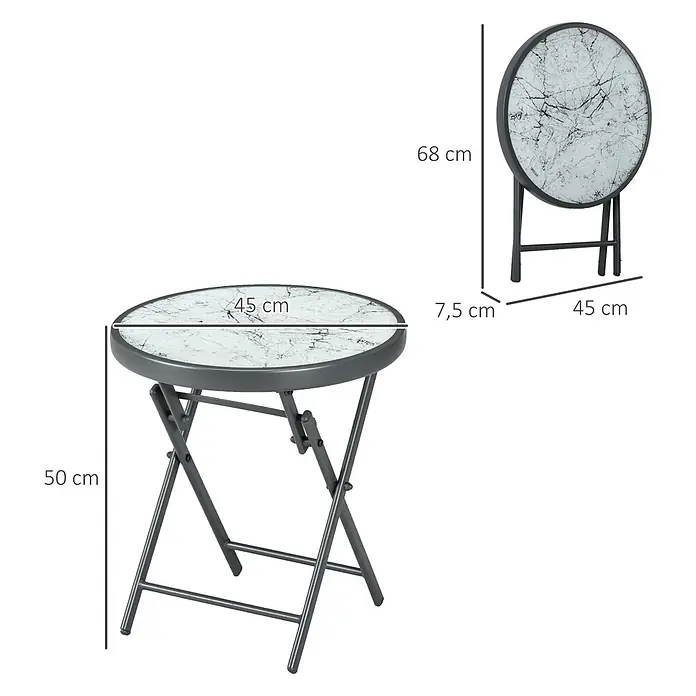 Outsunny Garten-Beistelltisch - L x B x H: 45 x 45 x 50 cm, Weiß - Runder Klapptisch mit weißer Marmoroptik-Platte und grauen Metallbeinen, aufgeklappt und zusammengeklappt dargestellt.