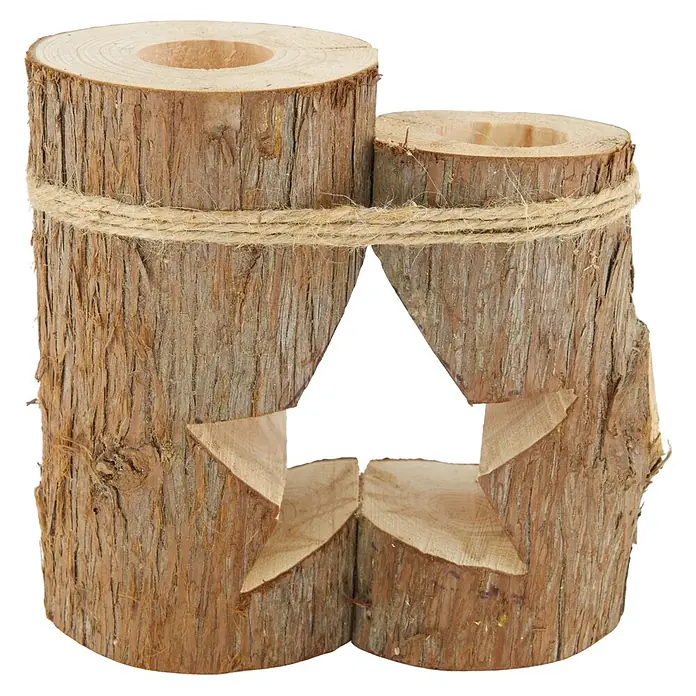 Kerzenhalter Stern - 18 x 18 x 23 cm, Holz, Natur - Kerzenhalter aus Holzstämmen mit zwei Abschnitten, mit Bindfaden umwickelt und einem sternförmigen Ausschnitt.