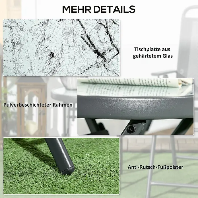 Outsunny Garten-Beistelltisch - L x B x H: 45 x 45 x 50 cm, Weiß - Detailaufnahmen eines Tisches: gehärtete Glasplatte mit Marmormuster, pulverbeschichteter grauer Rahmen und rutschfeste Fußpolster.