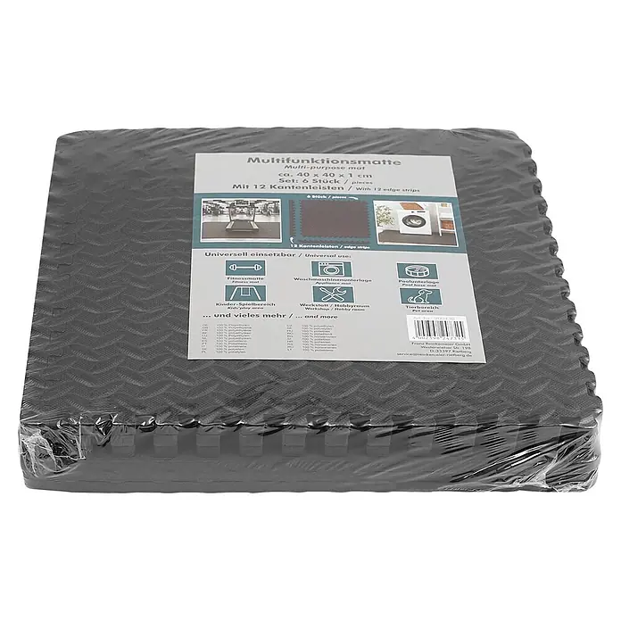 Universalmatte - 6 Stk., 40 x 40 cm, Schwarz - Graue Multifunktionsmatten aus Polyethylen mit Kantenleisten, 6 Stück im Set.