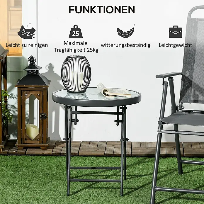 Outsunny Garten-Beistelltisch - L x B x H: 45 x 45 x 50 cm, Weiß - Dunkelgrauer klappbarer Gartentisch mit Glasplatte und passendem Stuhl im Außenbereich.