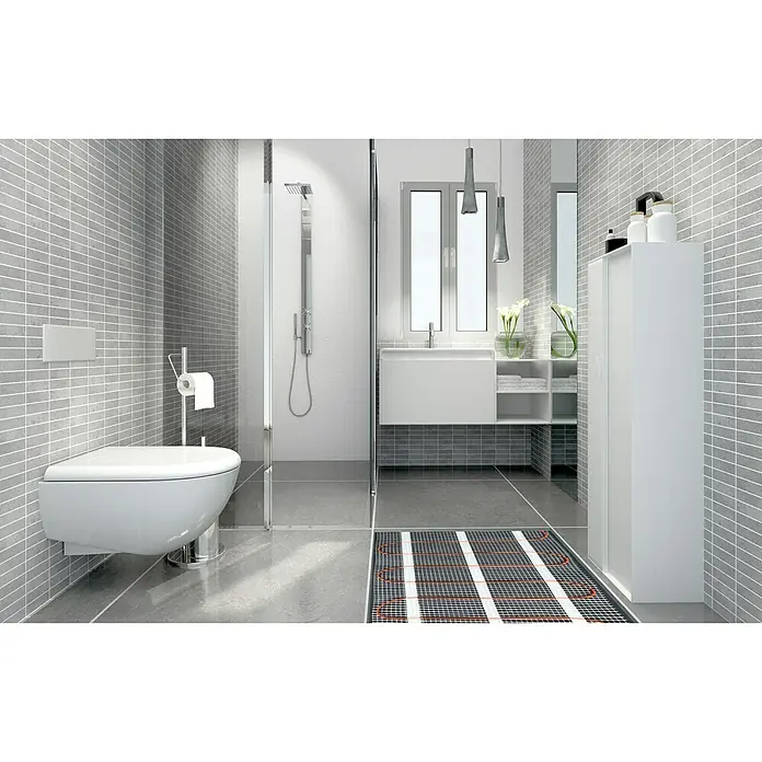 Admiral E-Power Fußbodenheizung Comfort - L x B: 25,4 x 0,5 m, Beheizbare Fläche: 12 m², 135 W - Das Bild zeigt ein modernes Badezimmer mit einer Fußbodenheizung. Die Fußbodenheizung sorgt für warme Füße und eine angenehme Atmosphäre im Bad.