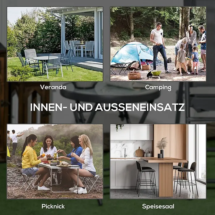 Outsunny Garten-Beistelltisch - L x B x H: 45 x 45 x 50 cm, Weiß - Klappbarer Tisch und Stühle für vielfältigen Innen- und Außeneinsatz, dargestellt in Umgebungen wie Veranda, Camping, Picknick und Speisesaal.
