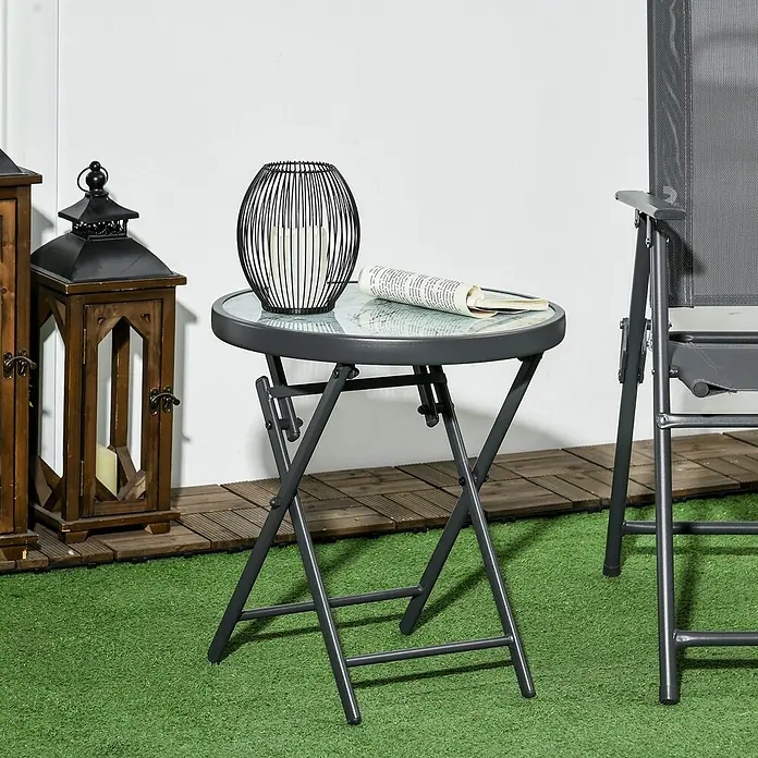 Outsunny Garten-Beistelltisch - L x B x H: 45 x 45 x 50 cm, Weiß - Grauer Metall-Klapptisch für den Außenbereich mit Glasplatte.