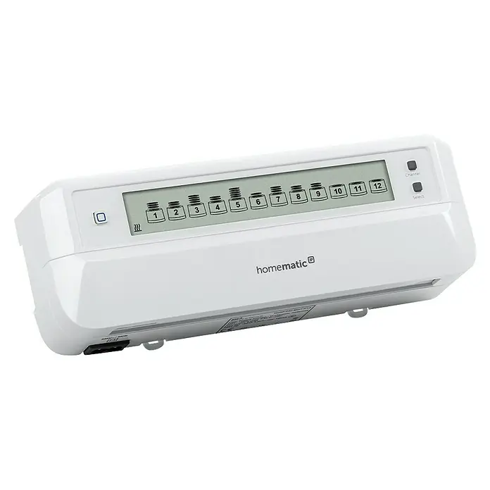 Homematic IP Fußbodenheizungsregler HmIP-FALMOT-C12 - 5,2 x 24,2 x 8,5 cm - Nahaufnahme einer Homematic IP-Zentrale mit Kanalanzeige und Bedienelementen für die Steuerung von Smart-Home-Geräten.