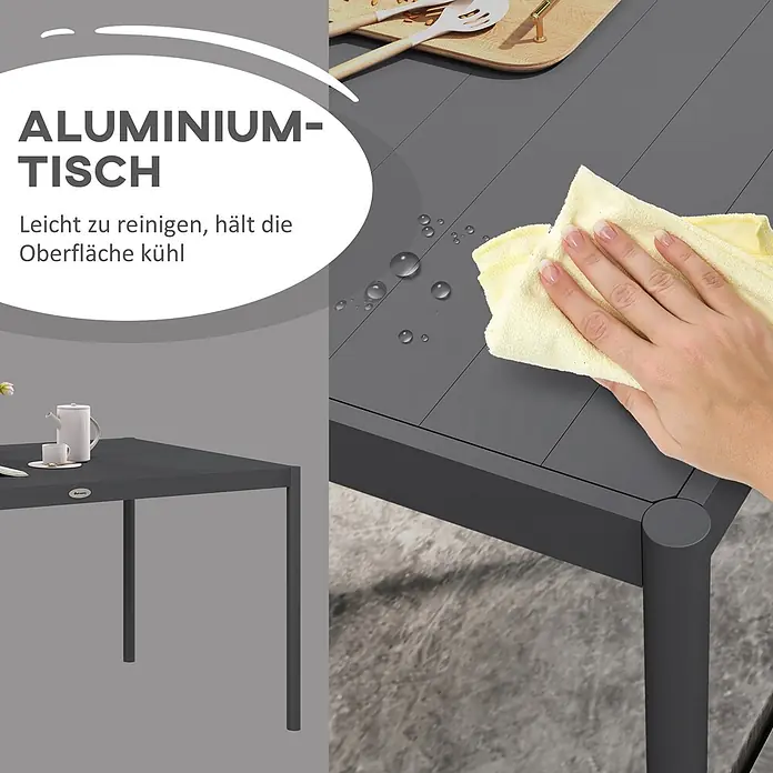 Furnicato Gartentisch - L x B x H: 145 x 90 x 74 cm, Rechteckig, Dunkelgrau - Grauer Aluminiumtisch wird abgewischt, was seine leichte Reinigung und kühle Oberfläche hervorhebt.