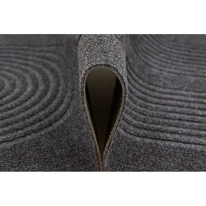 Fußmatte Tokio - 90 x 58 cm, Dunkelgrau, Material Nutzschicht: 100 % Polyester - Dunkelgraue gerippte Matte, aufgerollt, um dicke Schlingenpolsterung und Unterseite zu zeigen.