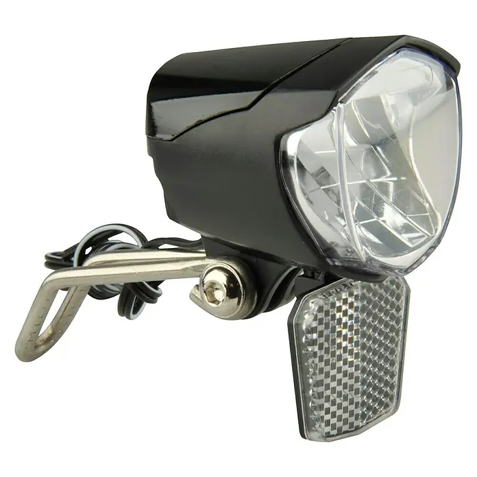 Fischer Dynamo-LED-Scheinwerfer 70 Lux - Beleuchtungsstärke: 70 lx - Nahaufnahme eines Fahrradscheinwerfers mit Halterung und Reflektor für verbesserte Sichtbarkeit und Sicherheit im Straßenverkehr.