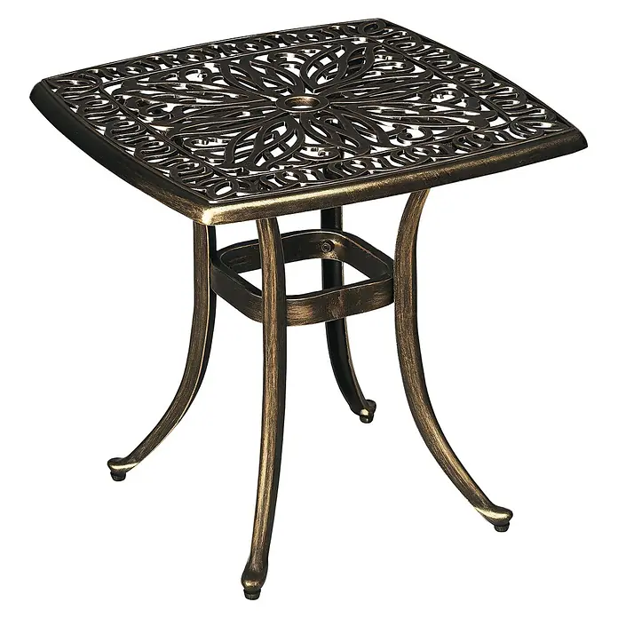 Outsunny Garten-Beistelltisch - Bronze - Bronzefarbener Metall-Beistelltisch für den Außenbereich mit verzierter, durchbrochener quadratischer Platte und geschwungenen Beinen.