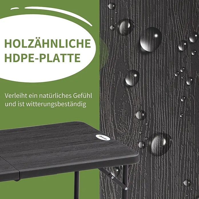 Outsunny Gartentisch Dunkelgrau 118L x 60B x 74H cm -  - Dunkelgraue, holzähnliche HDPE-Tischplatte mit Wassertropfen, die ihre Wetterbeständigkeit zeigt.