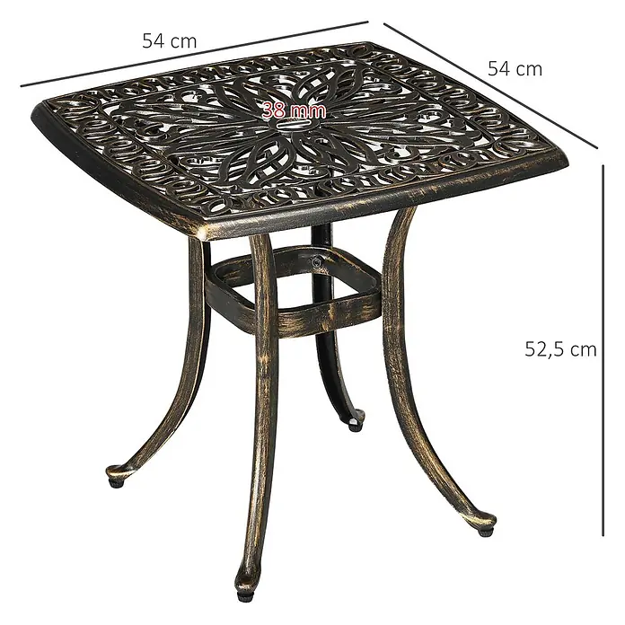 Outsunny Garten-Beistelltisch - Bronze - Bronzefarbener quadratischer Beistelltisch aus Gussmetall mit verzierter Platte und zentraler Schirmöffnung.