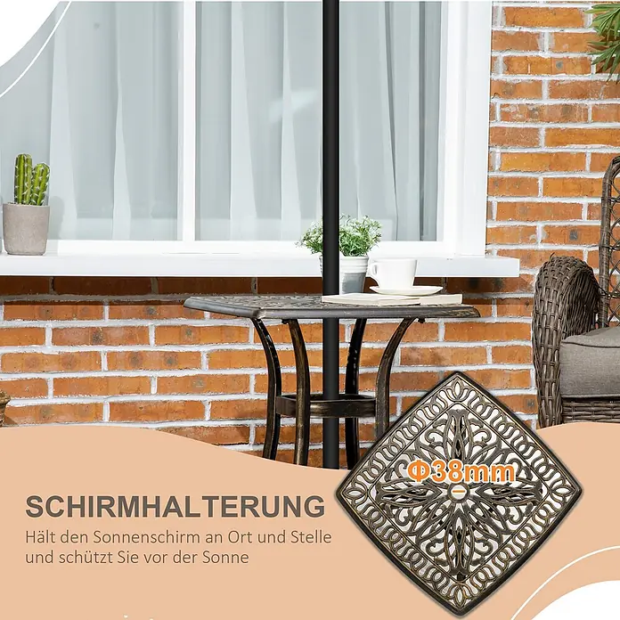 Outsunny Garten-Beistelltisch - Bronze - Quadratischer, verzierter bronze Sonnenschirmhalter (38mm) auf einer Terrasse, hält den Schirm stabil.