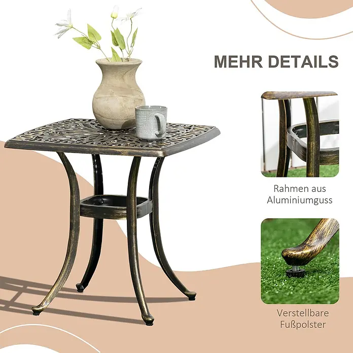 Outsunny Garten-Beistelltisch - Bronze - Quadratischer Gussaluminium-Gartentisch mit antikbronzener Oberfläche und verstellbaren Füßen.