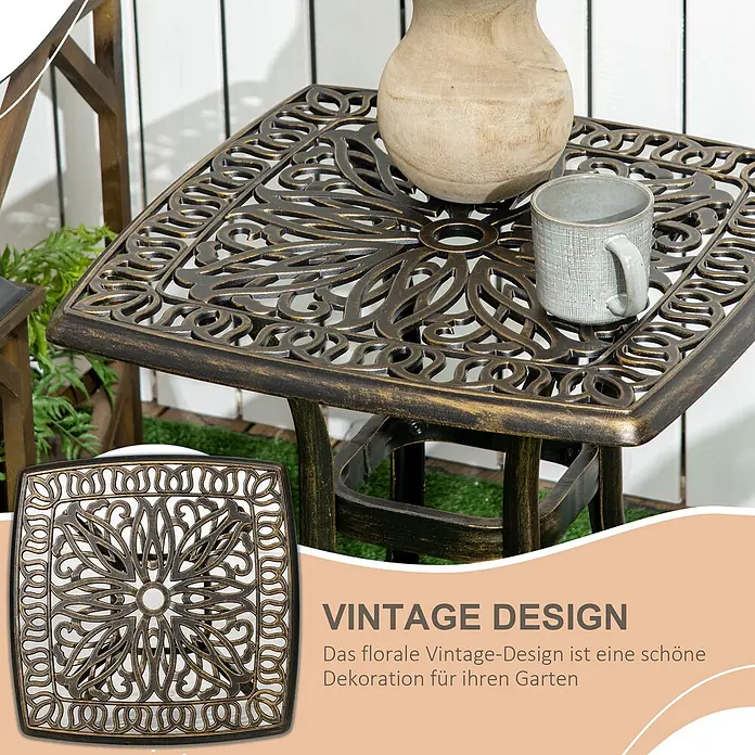 Outsunny Garten-Beistelltisch - Bronze - Vintage quadratischer Gartentisch aus Gussmetall in Bronzeoptik mit floralem Design.