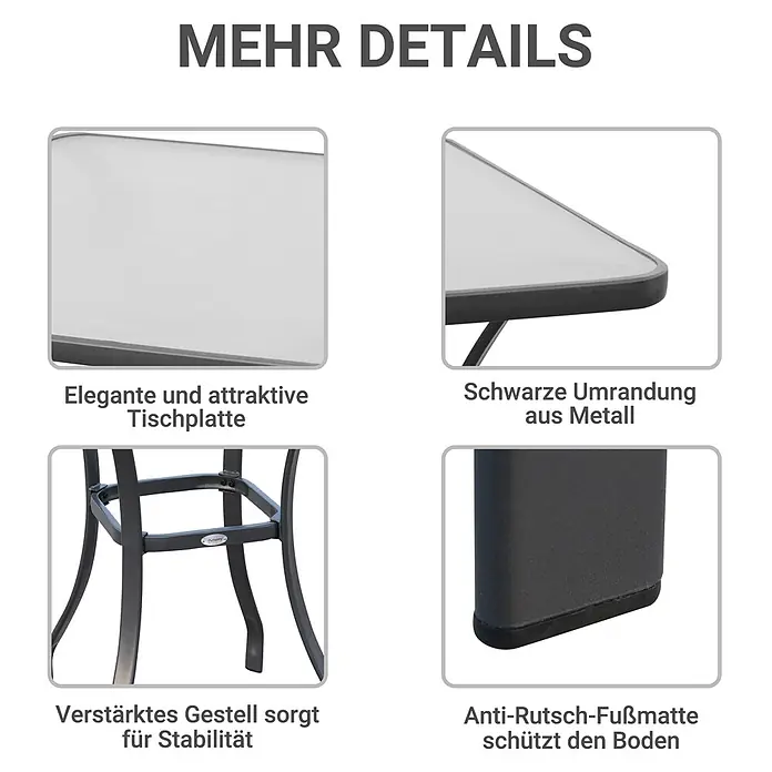 Furnicato Gartentisch - L x B x H: 84 x 68,5 x 84 cm, Quadratisch, Schwarz - Detailcollage eines Tisches: elegante Tischplatte, schwarze Metallumrandung, verstärktes Gestell für Stabilität und rutschfeste Bodenschoner.