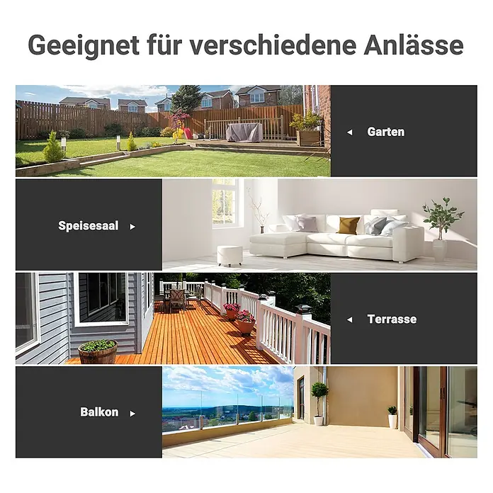 Furnicato Gartentisch - L x B x H: 84 x 68,5 x 84 cm, Quadratisch, Schwarz - Collage mit Garten, Speisesaal, Terrasse und Balkon, die Vielseitigkeit für verschiedene Orte hervorhebt.
