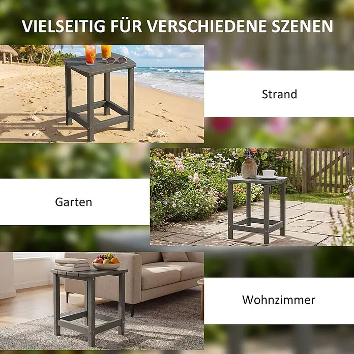 Outsunny Garten-Beistelltisch - L x B x H: 48 x 37 x 46 cm, Grau - Dunkelgrauer, quadratischer Beistelltisch aus Lamellen, vielseitig eingesetzt am Strand, im Garten und Wohnzimmer.
