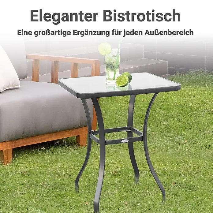 Furnicato Gartentisch - L x B x H: 84 x 68,5 x 84 cm, Quadratisch, Schwarz - Eleganter Bistrotisch aus dunklem Metall mit Glasplatte, ideal für den Außenbereich.