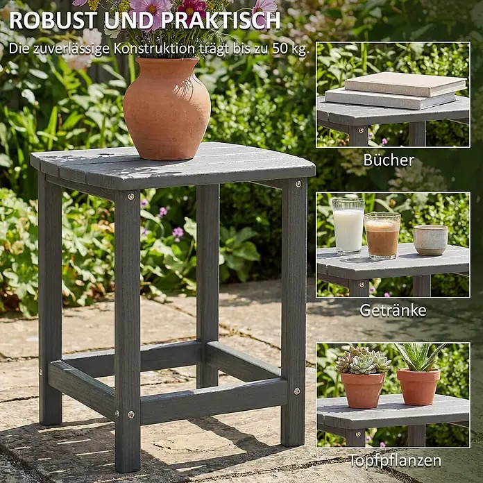 Outsunny Garten-Beistelltisch - L x B x H: 48 x 37 x 46 cm, Grau - Robuster, dunkelgrauer Outdoor-Beistelltisch im Garten, der Bücher, Getränke und Pflanzen trägt. Langlebig und praktisch, bis zu 50 kg belastbar.