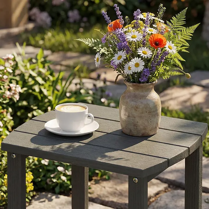 Outsunny Garten-Beistelltisch - L x B x H: 48 x 37 x 46 cm, Grau - Dunkelgrauer Outdoor-Beistelltisch mit Lattenplatte, mit Kaffeetasse und Blumenvase in einer Gartenumgebung.