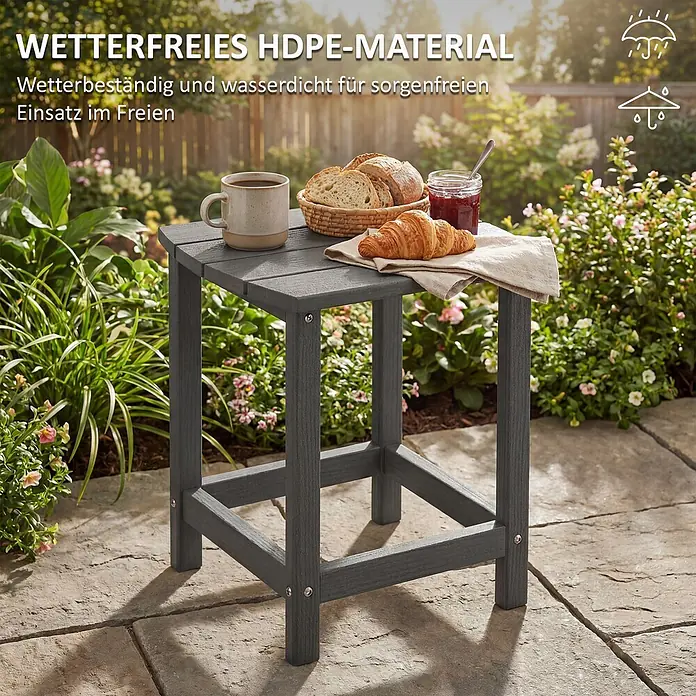 Outsunny Garten-Beistelltisch - L x B x H: 48 x 37 x 46 cm, Grau - Dunkelgrauer Lamellen-HDPE-Beistelltisch für den Außenbereich mit Frühstück im Garten.