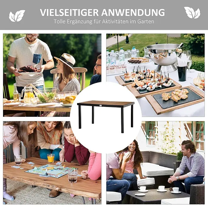 Furnicato Gartentisch - L x B x H: 140 x 90 x 74 cm, Rechteckig, Natur - Rechteckiger Gartentisch mit dunkelbrauner Lattenplatte und schwarzem Gestell, vielseitig in Gartenumgebungen genutzt.