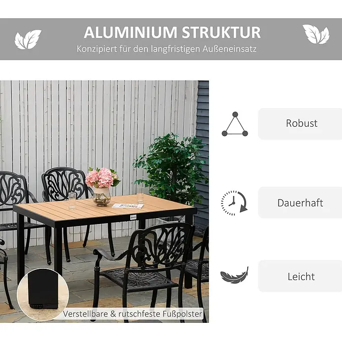 Furnicato Gartentisch - L x B x H: 140 x 90 x 74 cm, Rechteckig, Natur - Gartensitzgruppe mit schwarzem Aluminiumrahmen und Holzoptik-Tischplatte, robust, langlebig und leicht, mit verstellbaren Füßen.