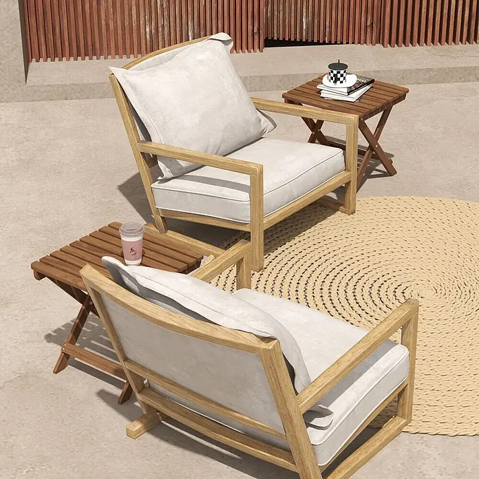 Outsunny Garten-Beistelltisch - L x B x H: 45 x 45 x 45 cm, Teak - Zwei hölzerne Outdoor-Sessel mit hellen Kissen und passenden Beistelltischen auf einer Terrasse.