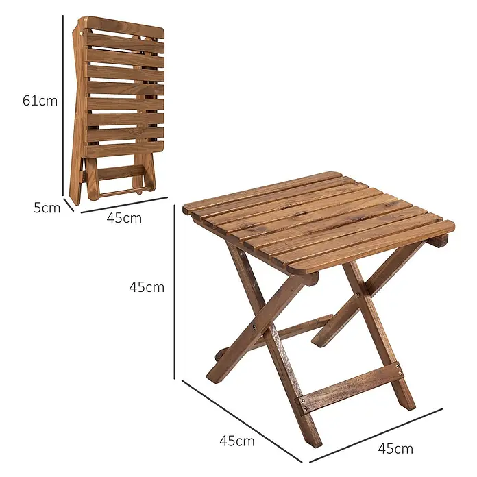 Outsunny Garten-Beistelltisch - L x B x H: 45 x 45 x 45 cm, Teak - Brauner Lattenrost-Klapptisch aus Holz, gefaltet und aufgestellt gezeigt.