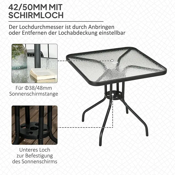 Outsunny Balkontisch mit Schirmloch - L x B x H: 76 x 76 x 72 cm, Metall, Gehärtetes Glas, Quadratisch, Schwarz - Quadratischer Terrassentisch mit Glasplatte und schwarzem Metallrahmen, verstellbares Schirmloch für ø38/48mm Stangen und unteres Befestigungsloch.