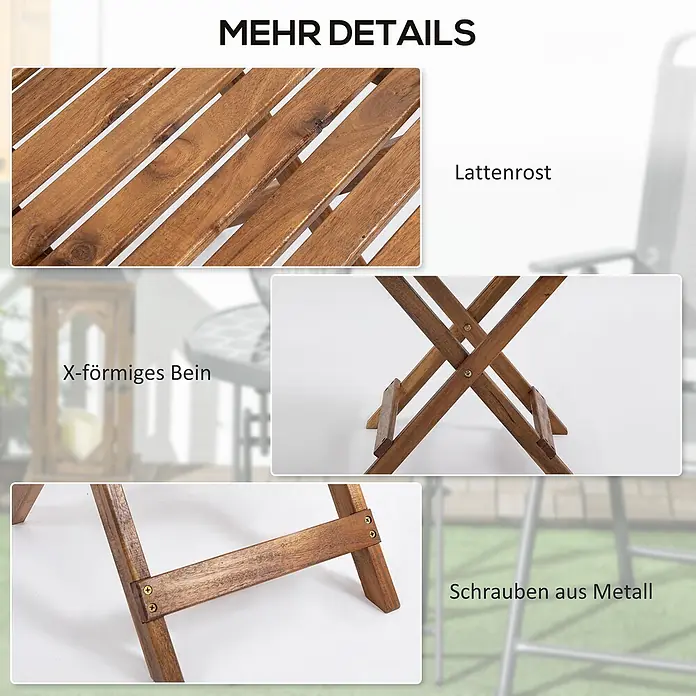Outsunny Garten-Beistelltisch - L x B x H: 45 x 45 x 45 cm, Teak - Nahaufnahmen eines faltbaren Holztisches: Lattenplatte, X-förmige Beine und Metallschrauben.