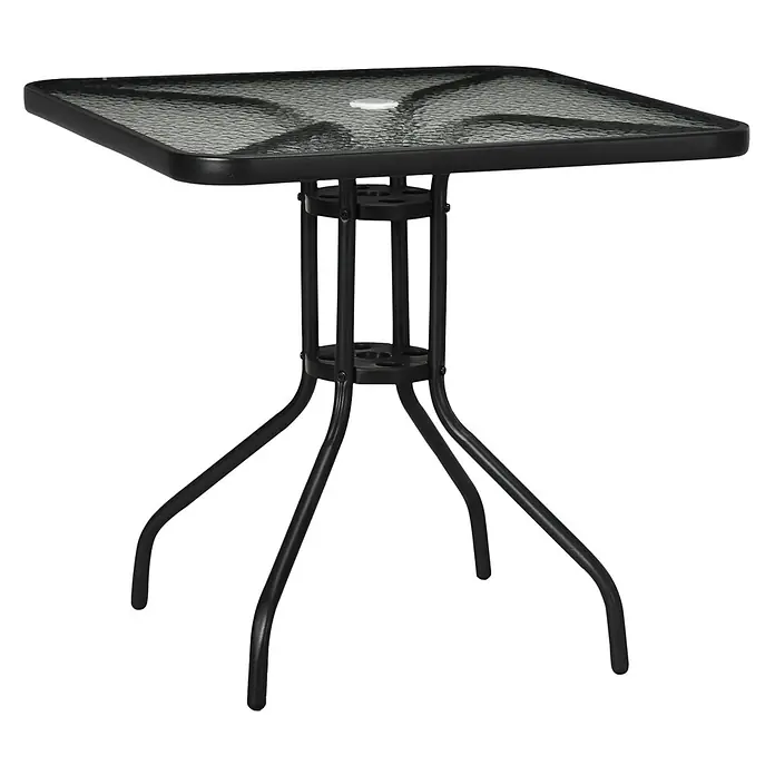 Furnicato Gartentisch - L x B x H: 76 x 76 x 72 cm, Ø x H: 50 x 72 cm, Quadratisch, Schwarz - Quadratischer Bistrotisch für den Außenbereich mit schwarzem Metallrahmen, strukturierter dunkler Glasplatte und Schirmloch.