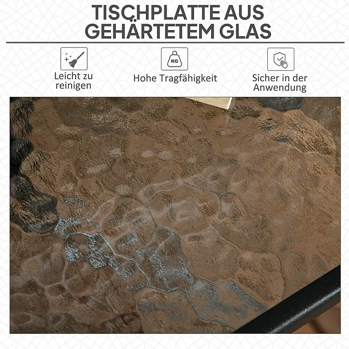 Outsunny Balkontisch mit Schirmloch - L x B x H: 76 x 76 x 72 cm, Metall, Gehärtetes Glas, Quadratisch, Schwarz - Braune, strukturierte Tischplatte aus gehärtetem Glas, langlebig und leicht zu reinigen.