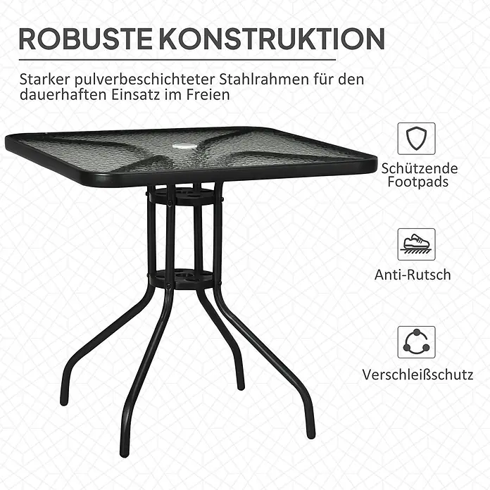 Outsunny Balkontisch mit Schirmloch - L x B x H: 76 x 76 x 72 cm, Metall, Gehärtetes Glas, Quadratisch, Schwarz - Quadratischer Gartentisch mit schwarzem pulverbeschichtetem Stahlrahmen und dunkler gemusterter Glasplatte, ideal für den Außenbereich.
