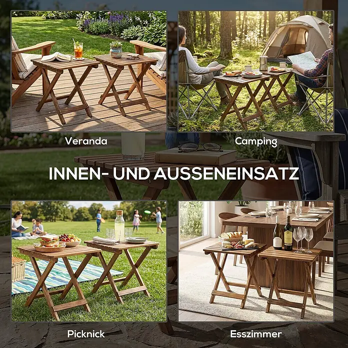 Outsunny Garten-Beistelltisch - L x B x H: 45 x 45 x 45 cm, Teak - Brauner Klapptisch aus Holz, dargestellt in vier Anwendungen: Veranda, Camping, Picknick und Esszimmer, betont seine vielseitige Nutzung innen und außen.