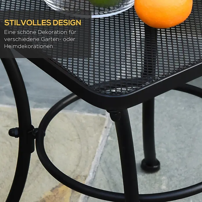 Outsunny Garten-Beistelltisch - L x B x H: 45 x 45 x 50 cm, Schwarz - Schwarzer Metallgitter-Beistelltisch mit Orange und Limette, ideal für Garten- oder Heimdekoration.